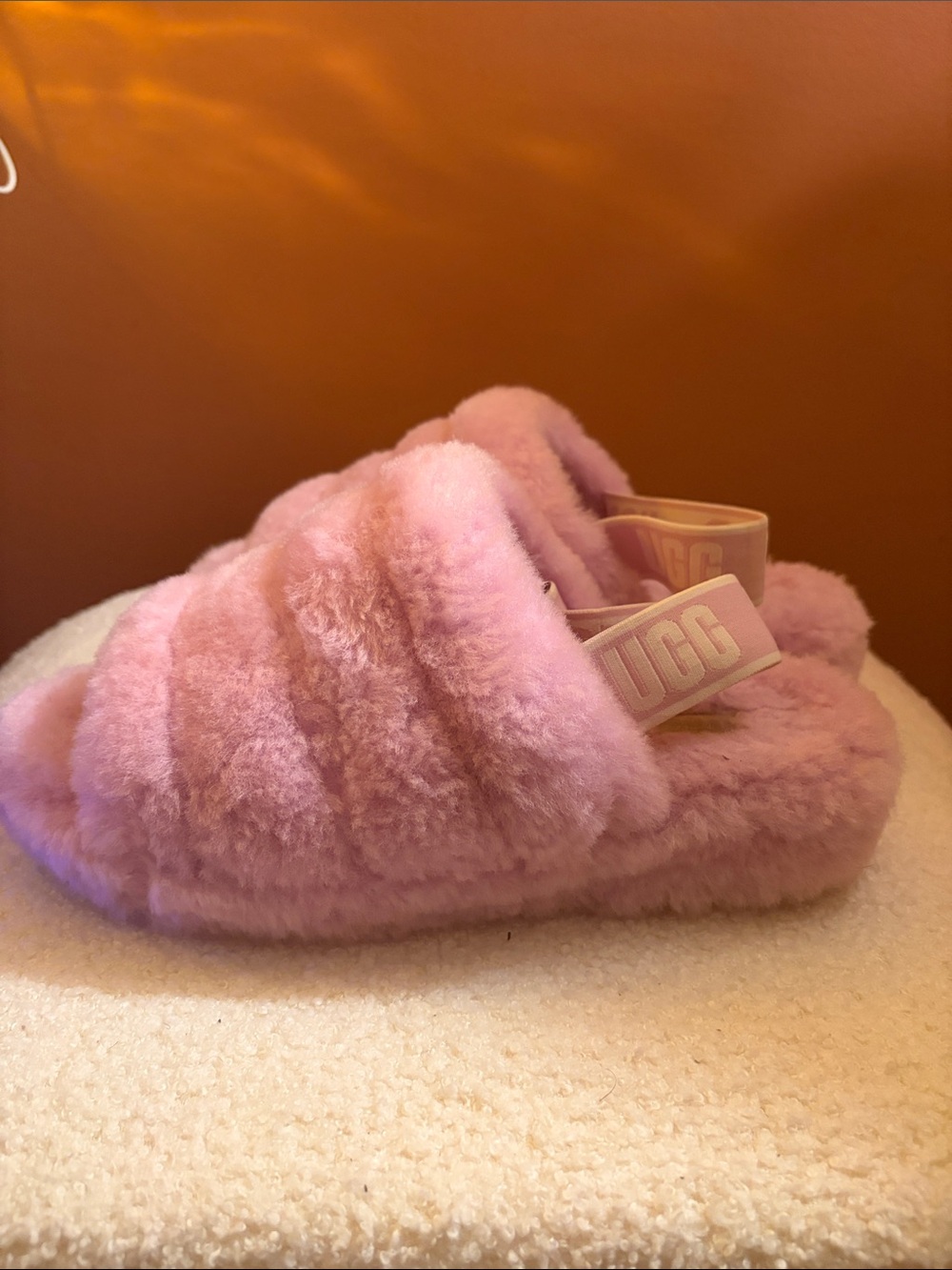 UGG Pink Fuzzy Slide with Elastic Logo Strap